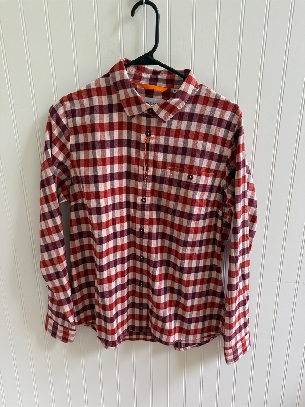 (191)Orvis Women’s Medium Plaid Flannel Shirt Burgundy Rust Button Down Outdoor